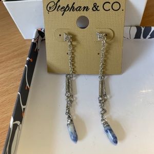 Silver tone back Prong earrings with little blue stone